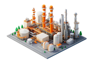 Isometric View of a Modern Industrial Refinery Complex with Tall Stacks and Storage Tanks png