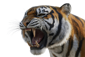 A Closeup of a Roaring Tiger Showing its Powerful Teeth and Striking Stripes in a Dramatic Black Background png