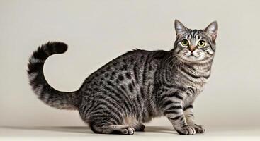 a Japanese bobtail cat against a minimalist neutral backdrop showcasing Japanese bobtail cat against a minimalist neutral backdrop showcasing photo
