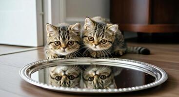 Two kittens look into a mirror photo