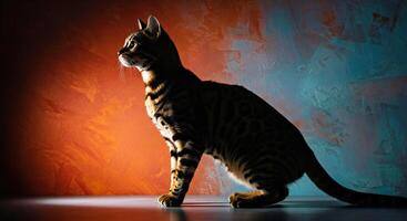 A cat standing in front of a wall with a bright orange and blue background photo