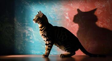 A cat is standing in front of a wall with a colorful background photo