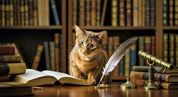 un gato sentado en un mesa con un pluma y un pluma foto