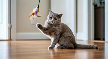 A cat playing with a feather toy on the floor photo