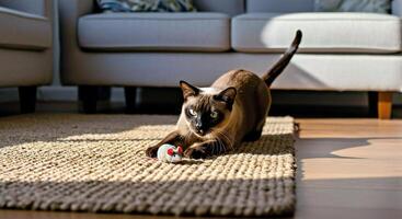 A cat playing with a toy on a rug photo