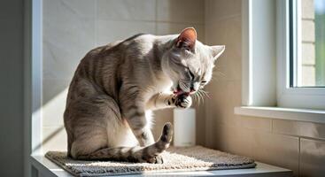 A cat is sitting on a window sill and eating something photo