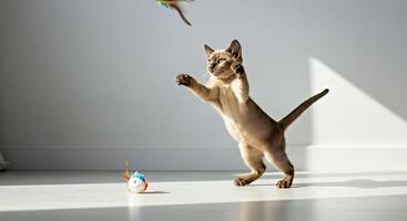 A cat playing with a toy bird on a white floor photo