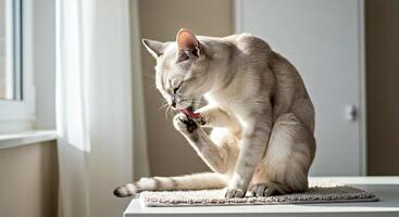 A cat sitting on a table with its paw on the window sill photo