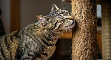 A cat is sniffing a tree photo