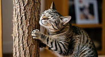 A cat is scratching a tree photo