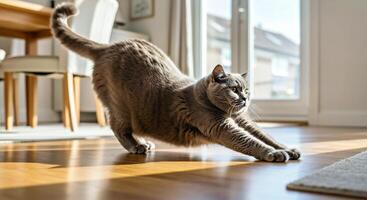 A gray cat is stretching on the floor photo