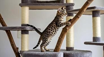 A cat climbing on a cat tree photo