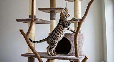 A cat climbing on a cat tree in a room photo