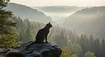 A cat sitting on a rock overlooking a forest photo