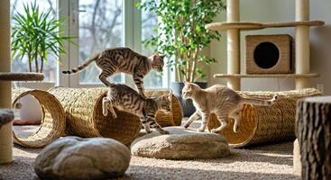 Two cats playing on a cat tree in a room photo