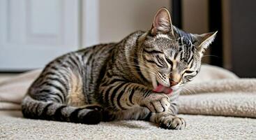 A cat licking its tongue on a carpet photo
