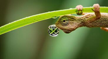 A chameleon is drinking water from a leaf photo