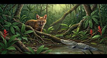 A painting of a fox and crocodile in the jungle photo