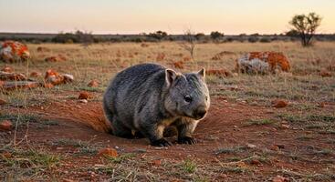 A wombat is standing in the dirt in the middle of the desert photo