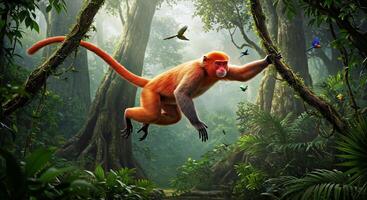 A red monkey is hanging from a tree in the jungle photo