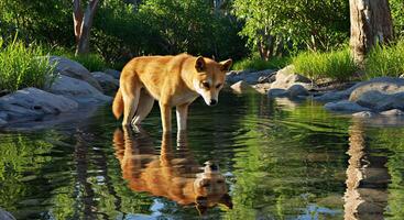 A dog is standing in a river photo