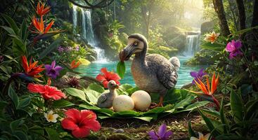 An image of a bird and eggs in a tropical forest photo