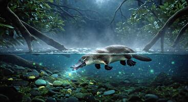 A platypus swimming in the water with a glowing light photo