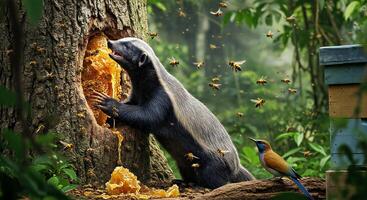 A honey badger eating honey from a tree photo