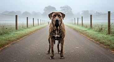 A dog standing on a road photo
