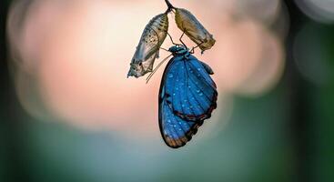 A blue butterfly is hanging from a branch photo