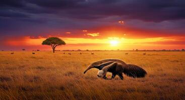 A large antelope is walking across a field at sunset photo