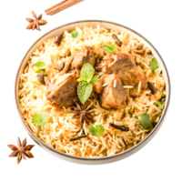 Delicious Mutton Biryani in Bowl Aromatic Spices, Indian Cuisine Food Photography png