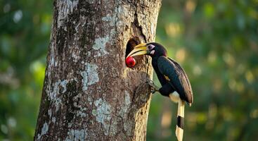 A bird with a long beak standing on a tree photo