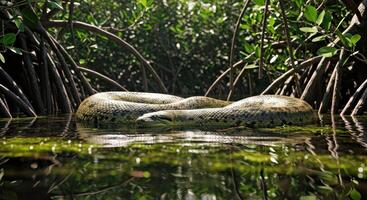 A large snake is in the water in the middle of a swamp photo