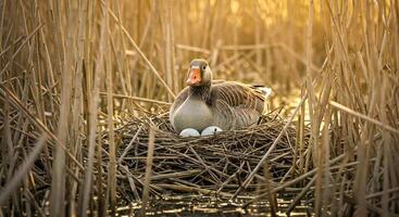 A duck sits in a nest of reeds photo