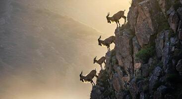 A group of goats are standing on the side of a mountain photo