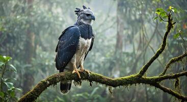 A large bird is perched on a branch in the forest photo