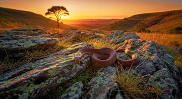 A snake laying on a rock in the middle of a field photo