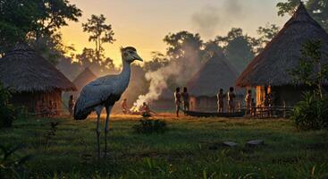 A large bird stands in front of a hut photo