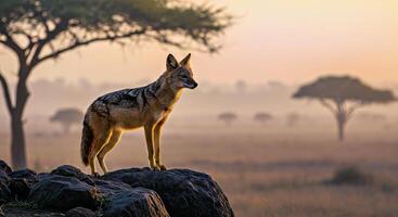 A jackal stands on a rock in the middle of a field photo