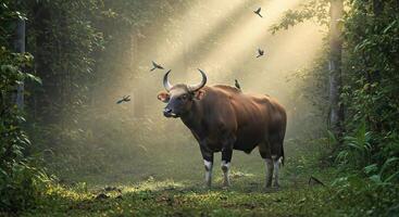 A bull standing in a forest with birds flying around it photo