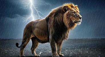 A lion standing in the rain with a lightning bolt photo