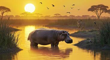 A hippo is standing in the water at sunset photo