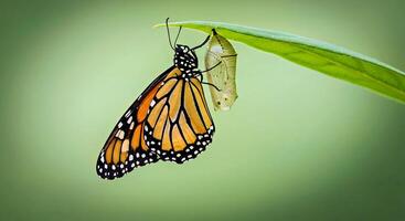 A monarch butterfly is emerging from its chrysalis photo
