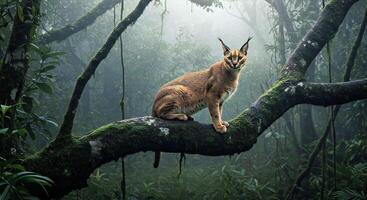 A caracal cat is sitting on a tree branch photo