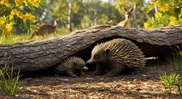 A pair of echidnas are standing under a log photo