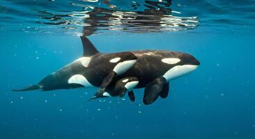 Killer whale mother and calf in the ocean photo