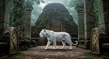 A white tiger walking on a stone path photo