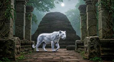 A white tiger standing in front of a temple photo