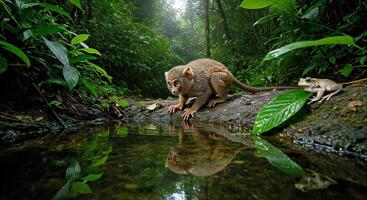 A monkey is standing on a log in the middle of a stream photo